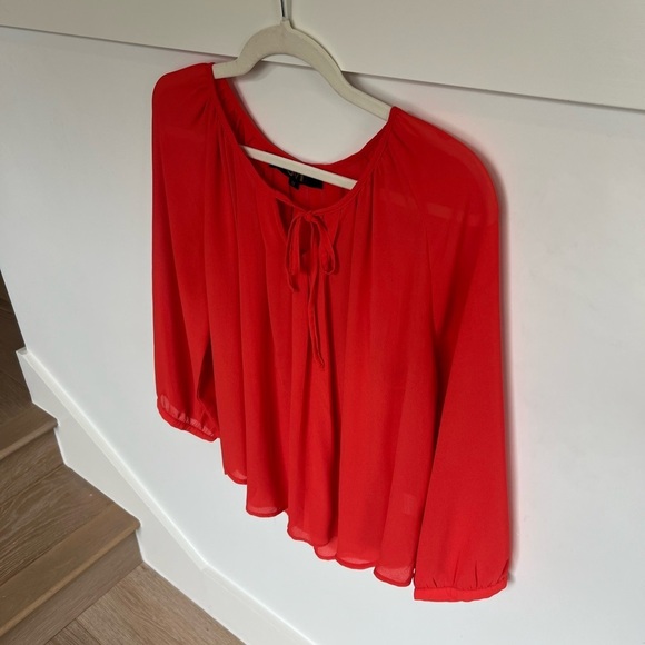 OVI Women’s Flowy Orange Blouse with Sleeves and Tie Neck - Size Medium - Picture 5 of 14